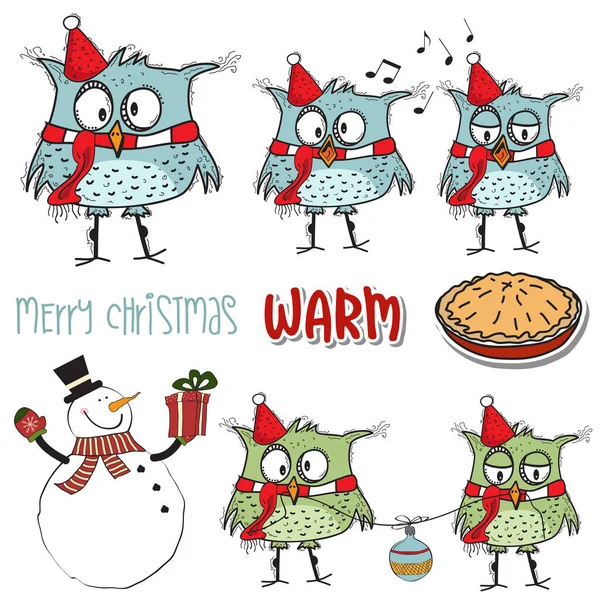 Funny Christmas birds collection and other Christmas items — Stock Vector