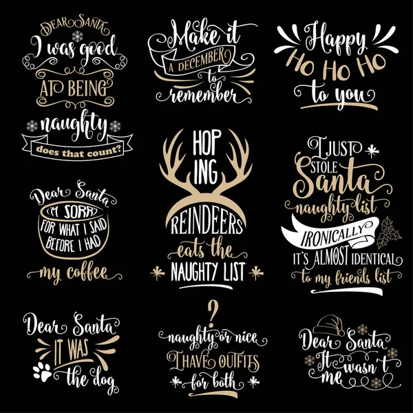Funny  Christmas quotes collection isolated on black. Vector — 스톡 벡터