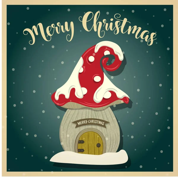 Vintage kartu Natal dengan rumah gnome. Poster Natal. Prin - Stok Vektor