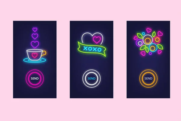 Love set di app per dispositivi mobili con icone al neon. Amore virtuale. UI desig — Vettoriale Stock