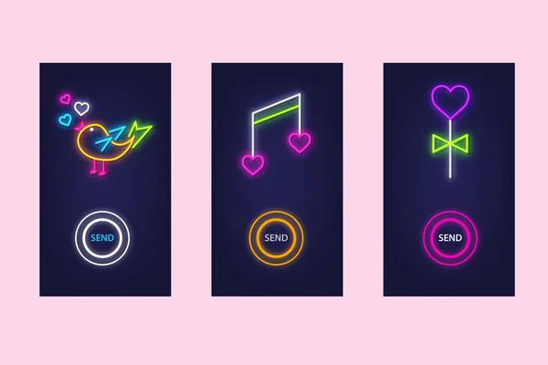 Love set di app per dispositivi mobili con icone al neon. Amore virtuale. UI desig — Vettoriale Stock