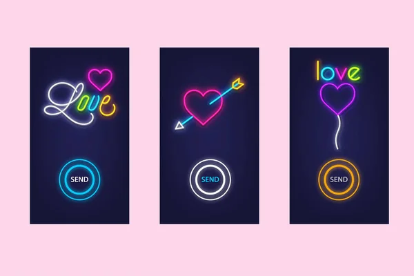Love set di app per dispositivi mobili con icone al neon. Amore virtuale. UI desig — Vettoriale Stock