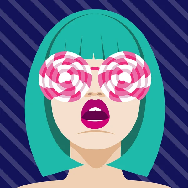 Fashion woman with lollipops sunglasses . Art portrait.  Flat des — 스톡 벡터