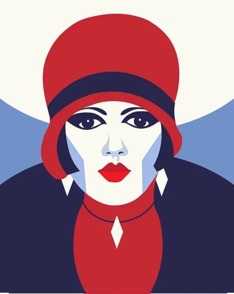 Módní žena s kloboukem. Portrét art deco stylu. Plochý design. — Stockový vektor