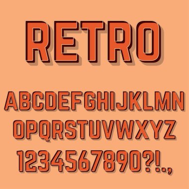 Retro 3 boyutlu alfabe harfleri, sayılar ve semboller. Retro Typography. Vektör