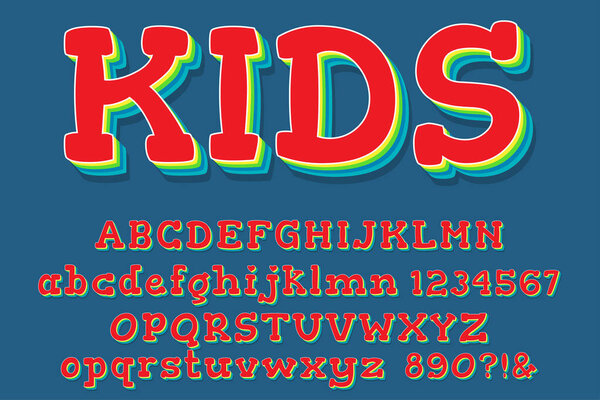 Funny 3D Alphabet Letters, Numbers and Symbols. Happy Typography . Vector