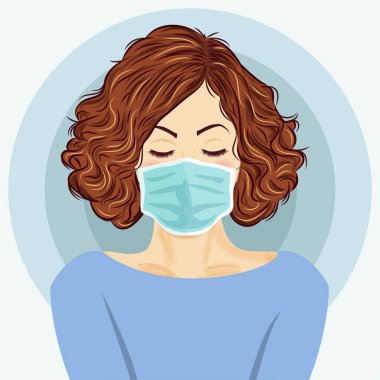 Tıbbi maskeli genç bir kadın. Coronavirus hastalığı, Covid-19. Vektör