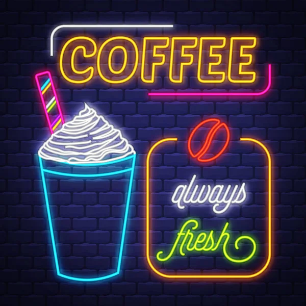 Koffie Neon Sign Vector Koffie Neon Teken Baksteen Muur Achtergrond — Stockvector