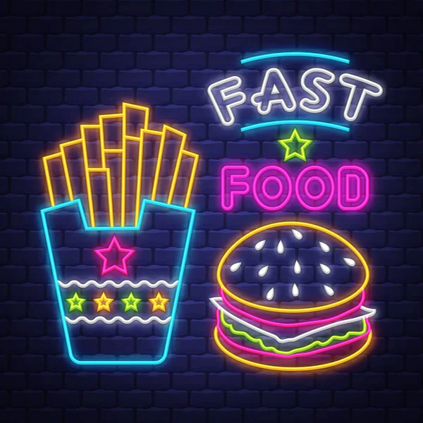 Fast Food Neon Sign Vector Fast Food Neon Sign Brick — Stock Vector