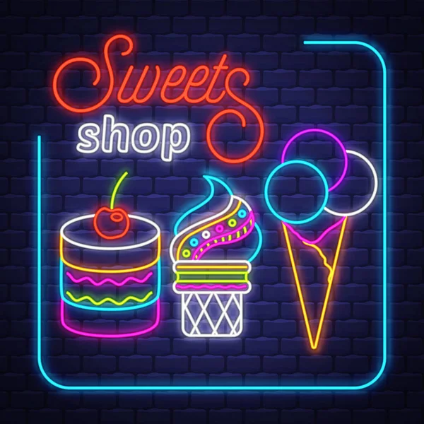 Édességbolt Neon Jelvektor Sweets Shop Neon Tábla Téglafalon Háttér Design — Stock Vector