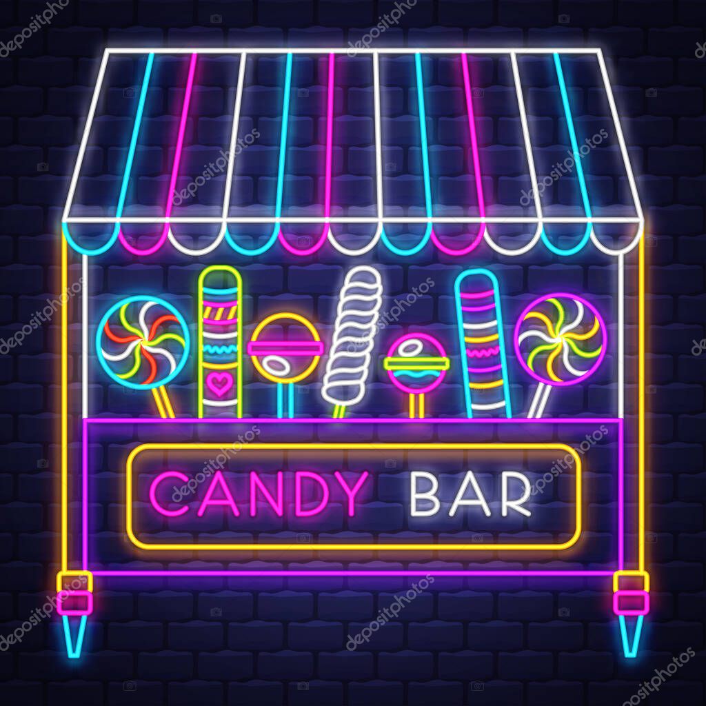 Candy bar - Neon Sign Vector. Candy bar - neon sign on brick wall background, design element, light banner, announcement neon signboard, night advensing. Vector Illustration.