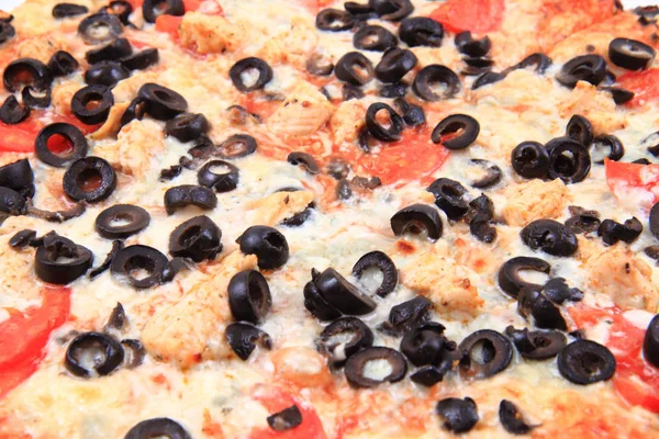 Tomato pizza with cheese and olives — Stock Photo, Image