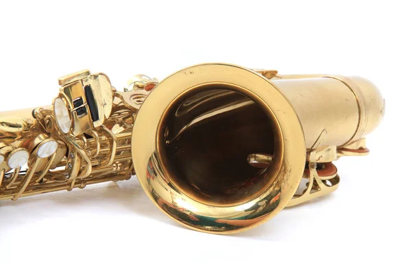 Glänsande Saxofon Isolerat Den Vita Bakgrunden — Stockfoto