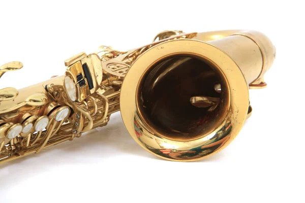Saxofone Brilhante Isolado Fundo Branco — Fotografia de Stock