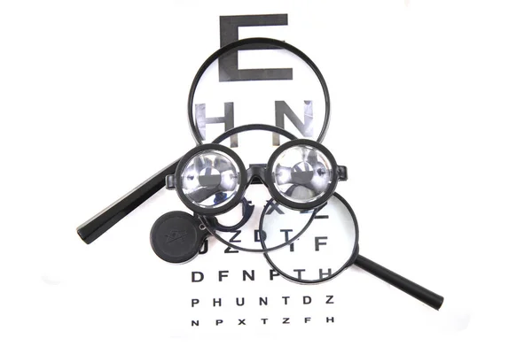 Teste Óptico Lupa Diferente Óculos Isolados Fundo Branco — Fotografia de Stock