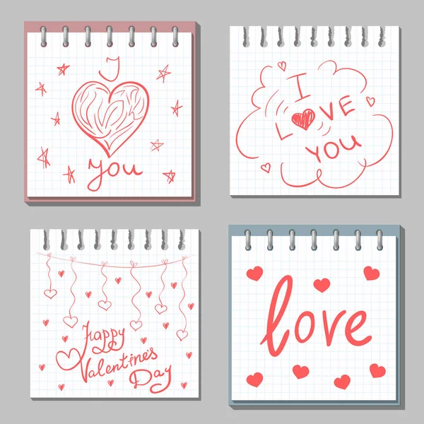 Je t'aime. Joyeuse Saint Valentin. Forme de coeur rouge sur la feuille de papier Note. Ensemble de messages romantiques. Texte vectoriel manuscrit — Image vectorielle