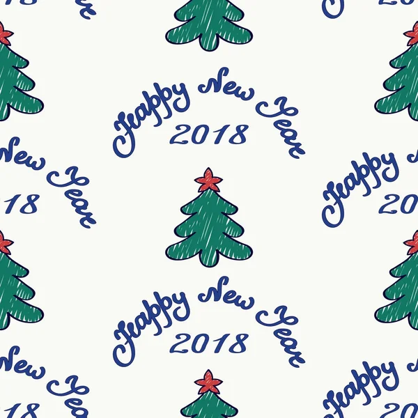 Fondo sin fisuras. Árbol de Navidad pintado rematado con estrellas rojas y texto manuscrito de un feliz año nuevo 2018. Banner de estilo de dibujos animados . — Foto de Stock