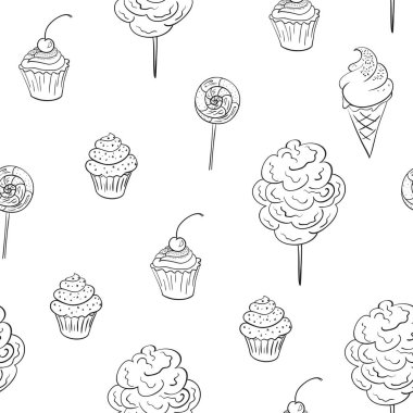 Dondurma, pamuk şeker, kek ve lolipop seamless modeli. Tatlılar kavramı arka plan.