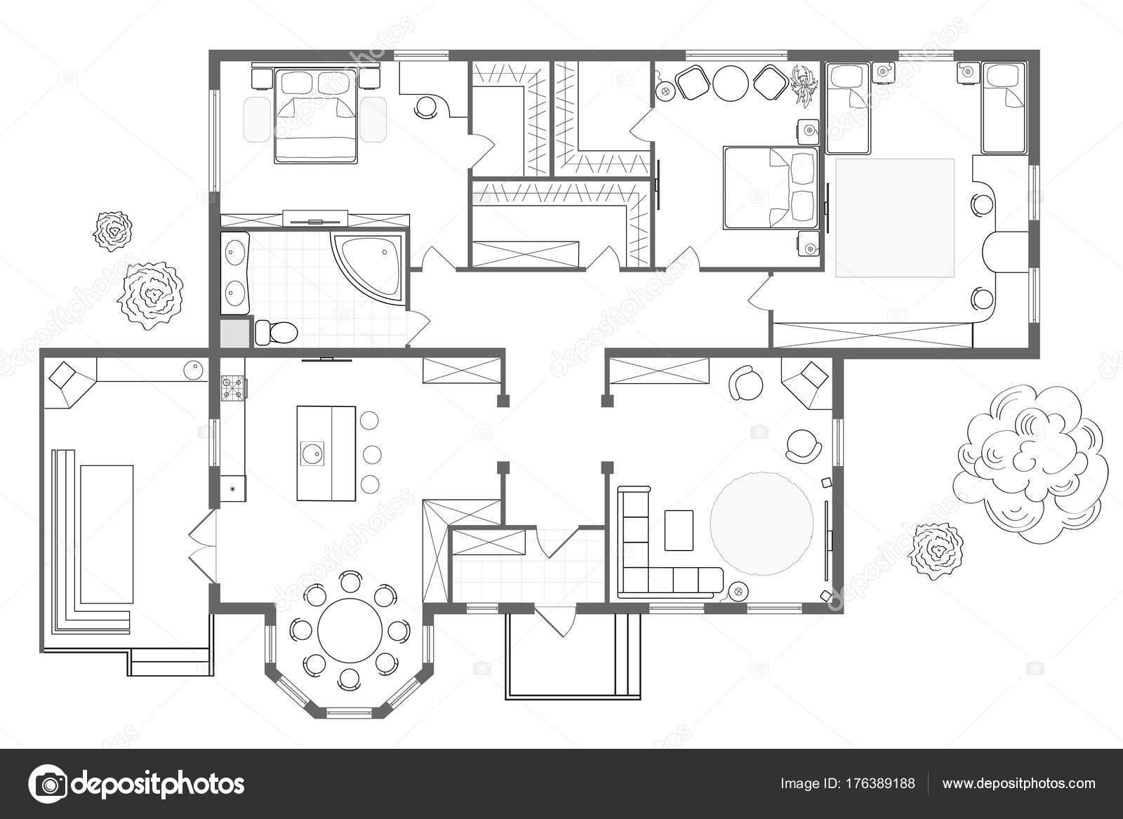 Dibujo profesional detallado de un diseño plano de casa estilo