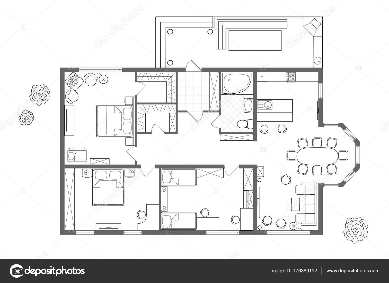 Plano arquitectónico da casa. Layout profissional com móveis na forma de um  desenho. Com cozinha, quartos,, image size:1600x1167