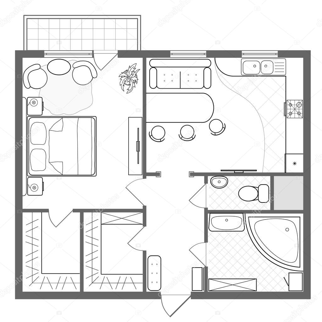 Architectural plan of a house. Professional layout of the apartment with the furniture in the drawing view. With kitchen, bedroom and bathroom. Floor plan, interior design. Top view blueprint