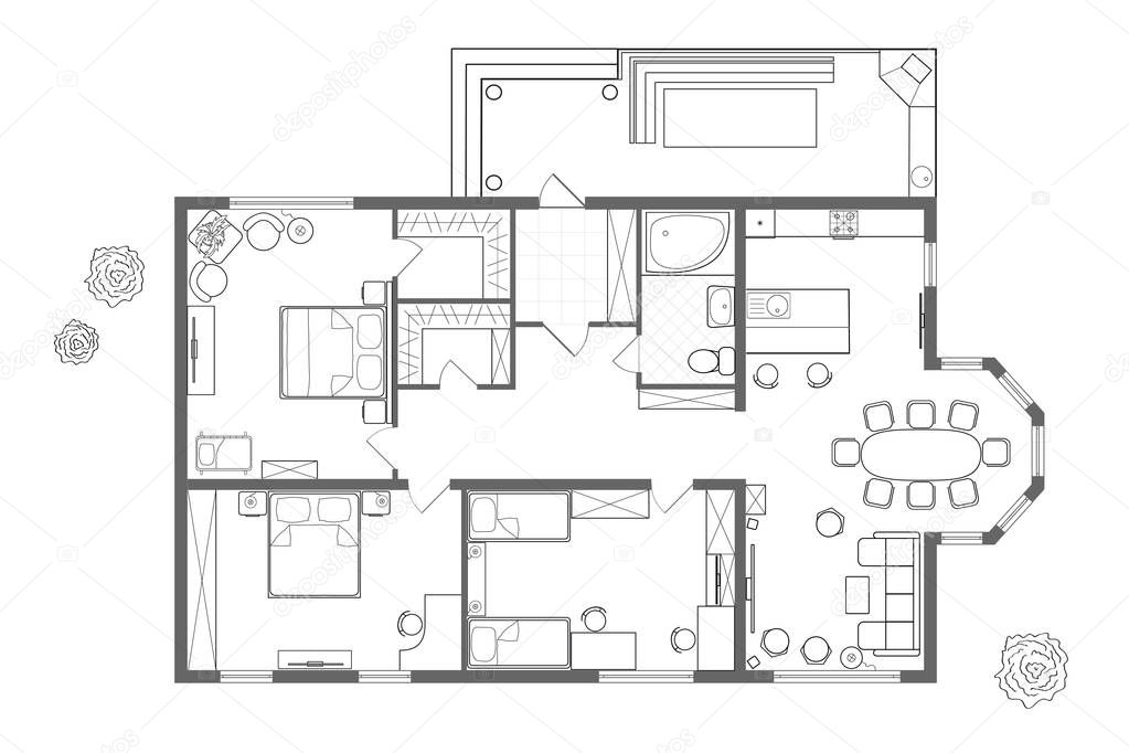 Architectural plan of the house. Professional layout with furniture in the form of a drawing. With kitchen, bedrooms, living room, dining room, bathroom and barbecue area. Floor plan, interior design. Top view blueprint