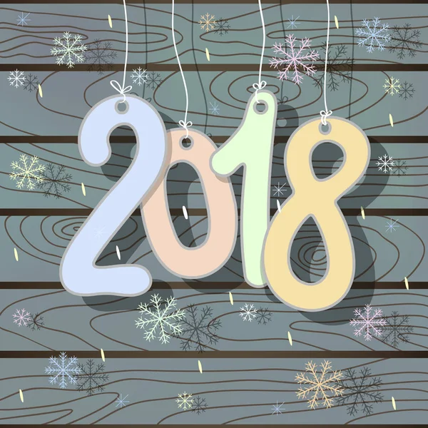 Zachte Kerstkaart met linten, linten 2018 hangen. Vectorillustratie van een nieuw jaar op de achtergrond van een blauw grijze boom. — Stockvector