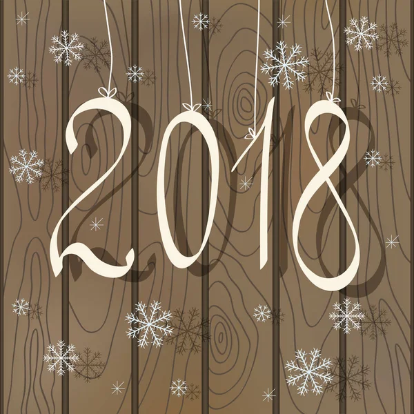 Szezonális üdvözletet kártyát elegáns fehér számok 2018 és karácsonyi hulló hópelyhek a háttérben barna fából készült kerítés. Vektoros illusztráció, rusztikus stílusban. — Stock Vector