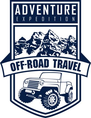 Vektör amblemi 4 x 4 araç off-road araç ve dağlar