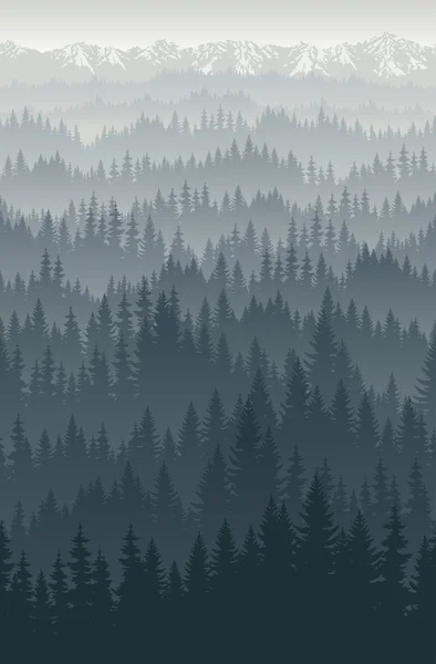 Vector mountains forest with fog background texture seamless pattern — Stock Vector