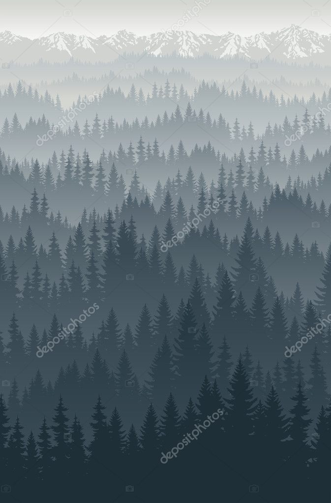 Vector mountains forest with fog background texture seamless pattern
