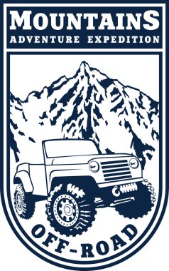 Vektör amblemi 4 x 4 araç off-road araç ve dağlar