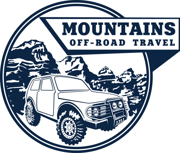 4 × 4 車オフロード車と山のベクトル紋章 — ストックベクタ