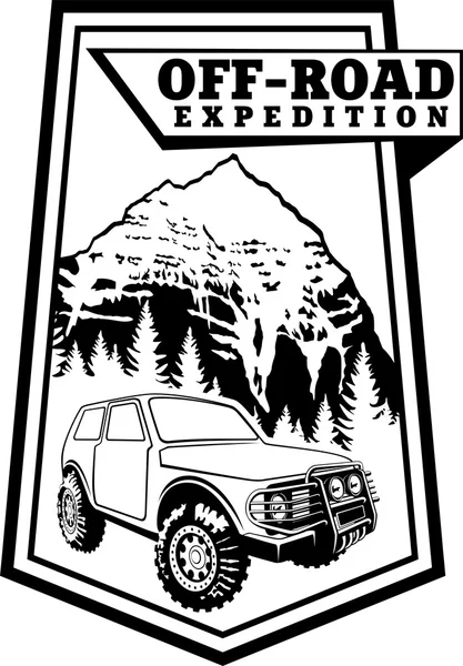 Emblema vectorial con vehículo 4x4 todoterreno y montañas — Vector de stock