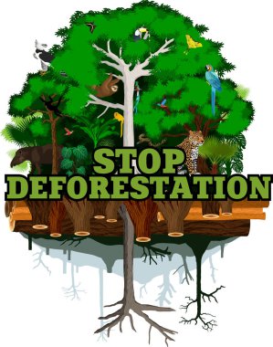 Deforestation jungle vector illustration. Vector Rainforest destroyed with animals. clipart