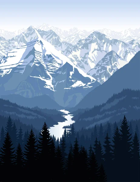 Matin vecteur dans de belles montagnes avec rivière — Image vectorielle