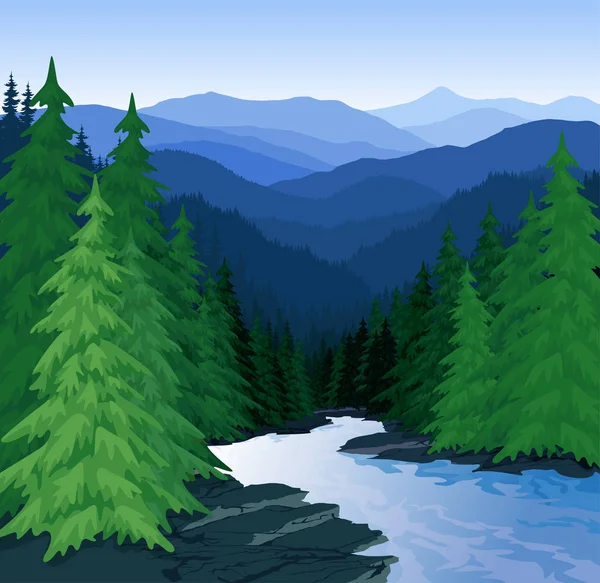 Vector evening in beautiful mountains forest with river — Stock Vector