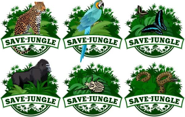 Sauver des emblèmes de jungle avec des animaux fixés — Image vectorielle