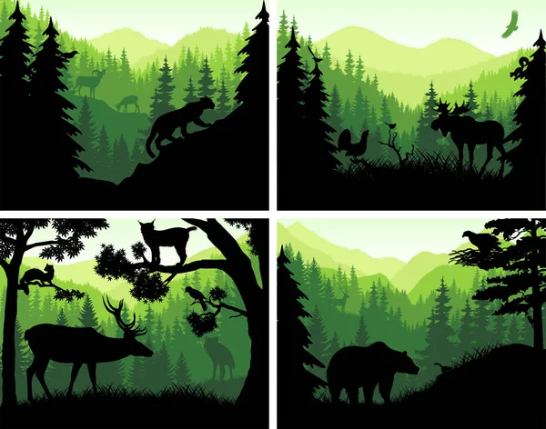 Conjunto de vectores montañas bosques animales siluetas en plantillas de puesta del sol — Vector de stock