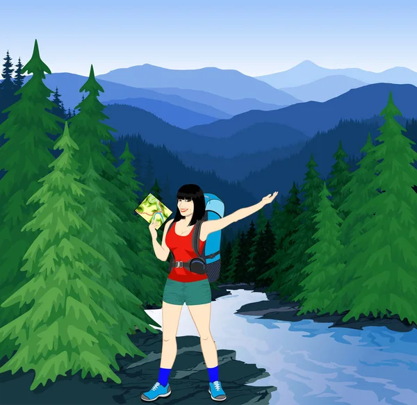 Vector noche en hermosas montañas bosque con chica — Vector de stock