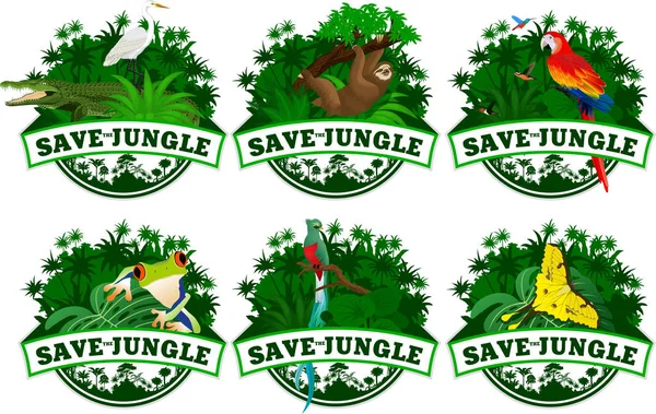 Salvar emblemas da selva com animais conjunto — Vetor de Stock