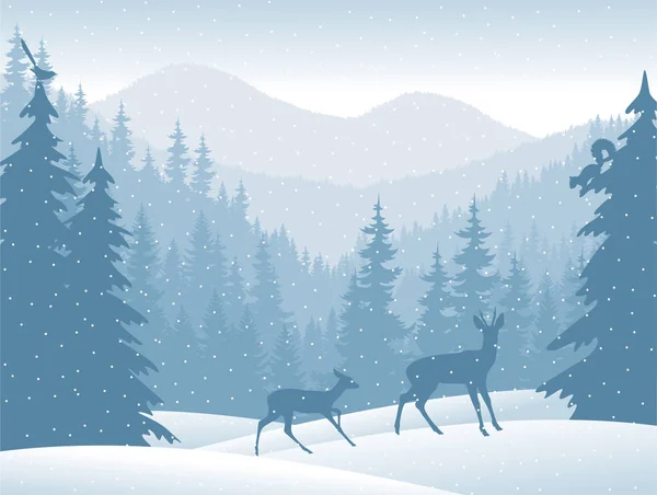 Vector mountains forest background with Roe deers — Stock Vector