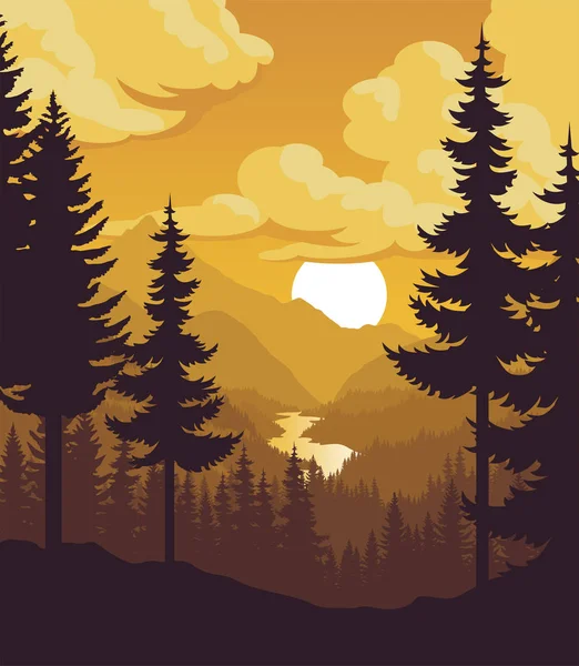 Vector evening mountains forest background — Stock Vector