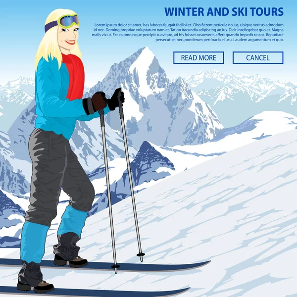 Векторная иллюстрация зимних снежных видов спорта с девушкой на горном курорте — стоковый вектор