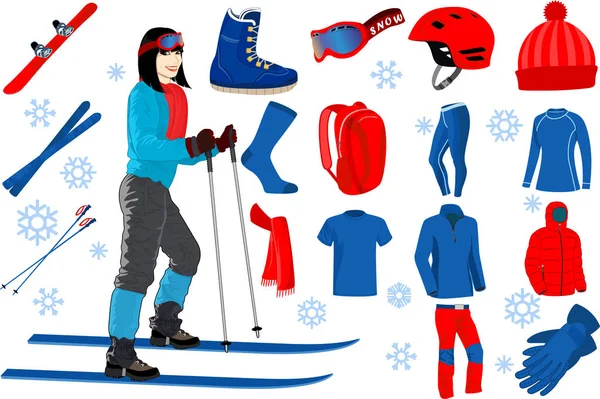 Conjunto de iconos de esquí de equipo completo de esquí y snowboard y equipo de la estación de esquí con chica en esquís en la estación de esquí — Vector de stock