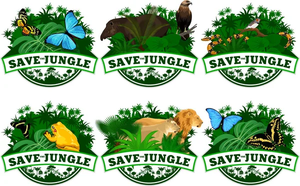 Salvar emblemas da selva com animais conjunto —  Vetores de Stock