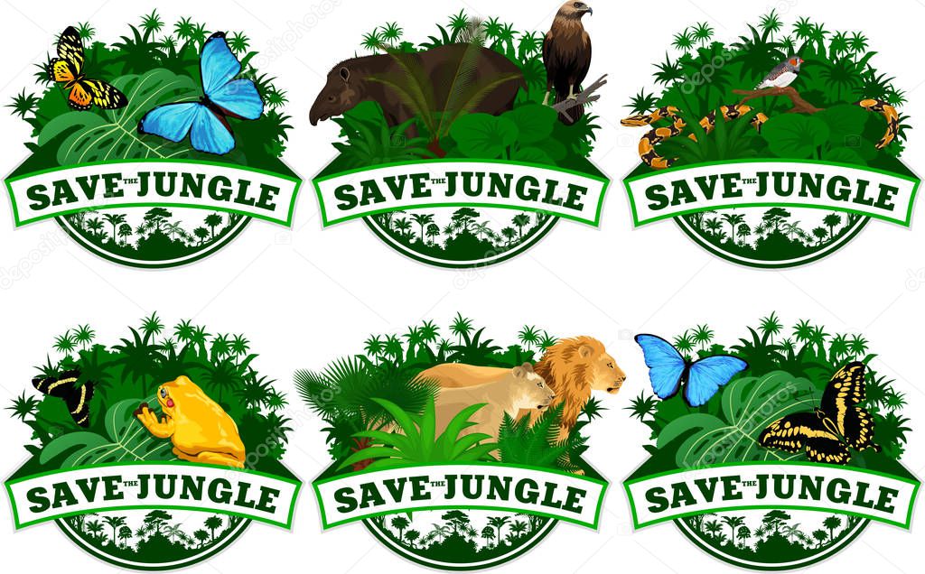 save jungle emblems with animals set