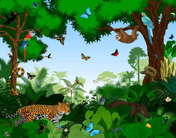 Floresta tropical com animais ilustração vetorial . — Vetor de Stock