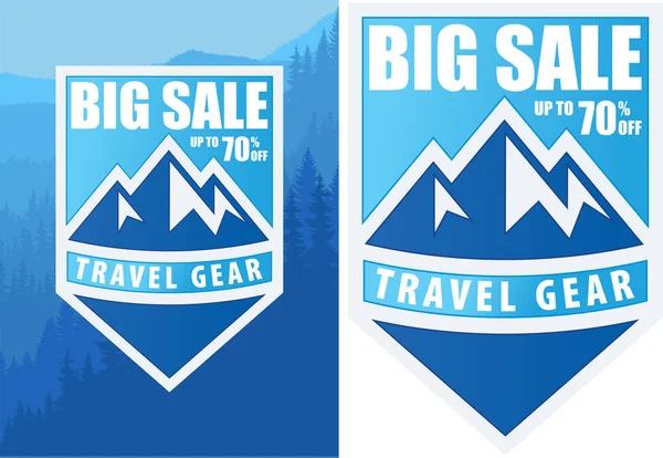 Inverno vetor viagem engrenagem venda cartaz design modelo fundo com montanhas . —  Vetores de Stock