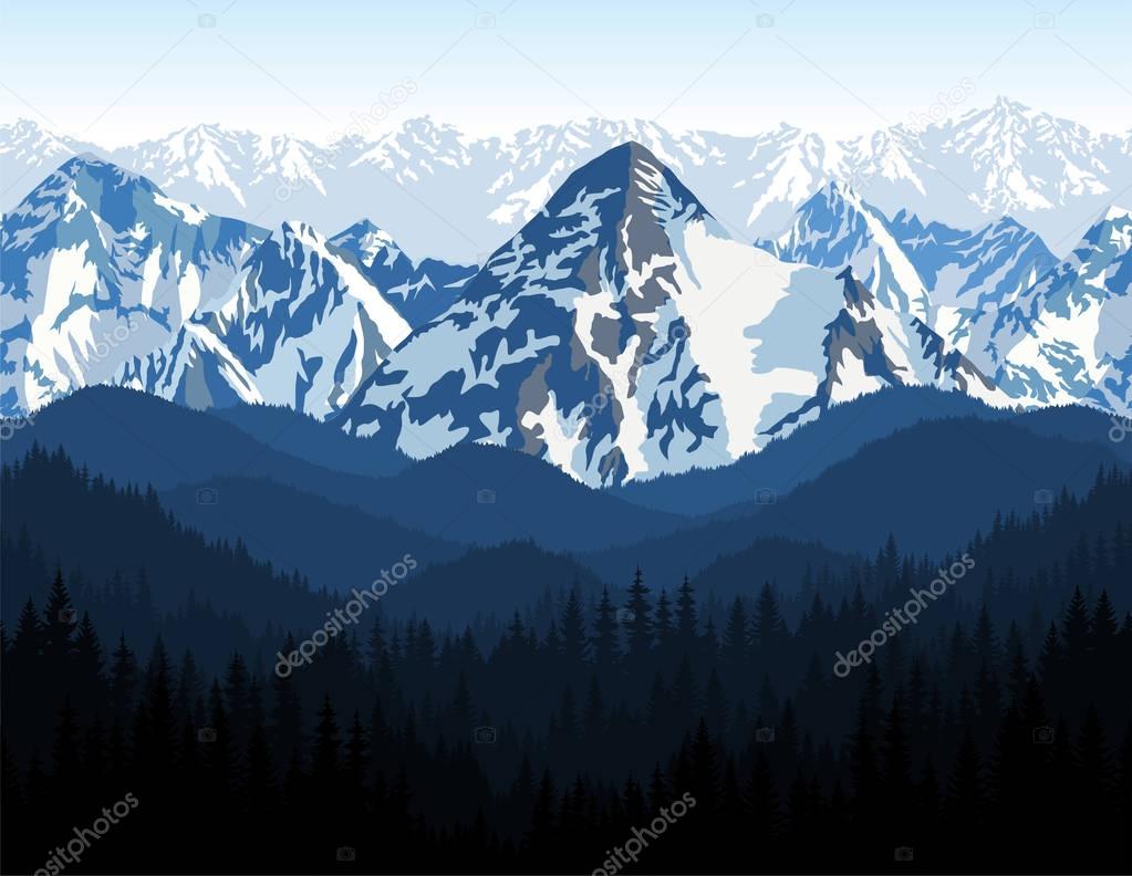 vector Himalaya alps morning mountains background texture seamless pattern.